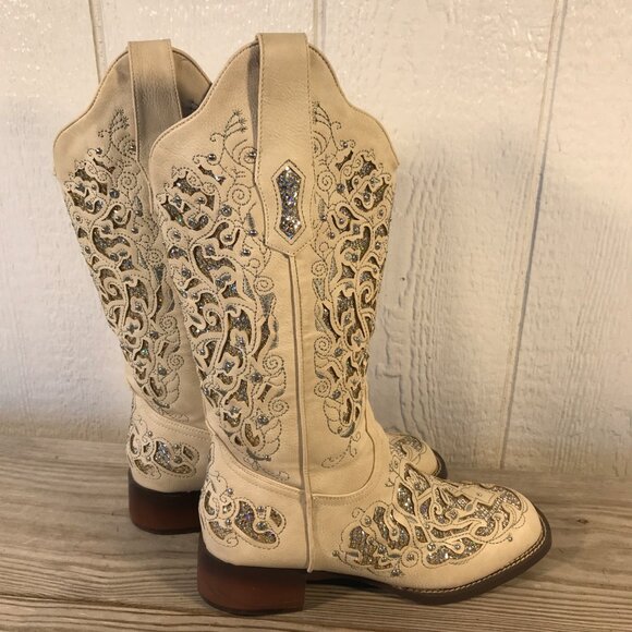 Crysigne Rhinestones and Glitter Womens Cream Western Boots US 8 - Picture 3 of 12